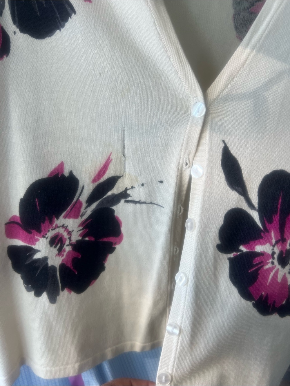 Evan Picone Cream Button-Down Top with Black & Pink Floral Print